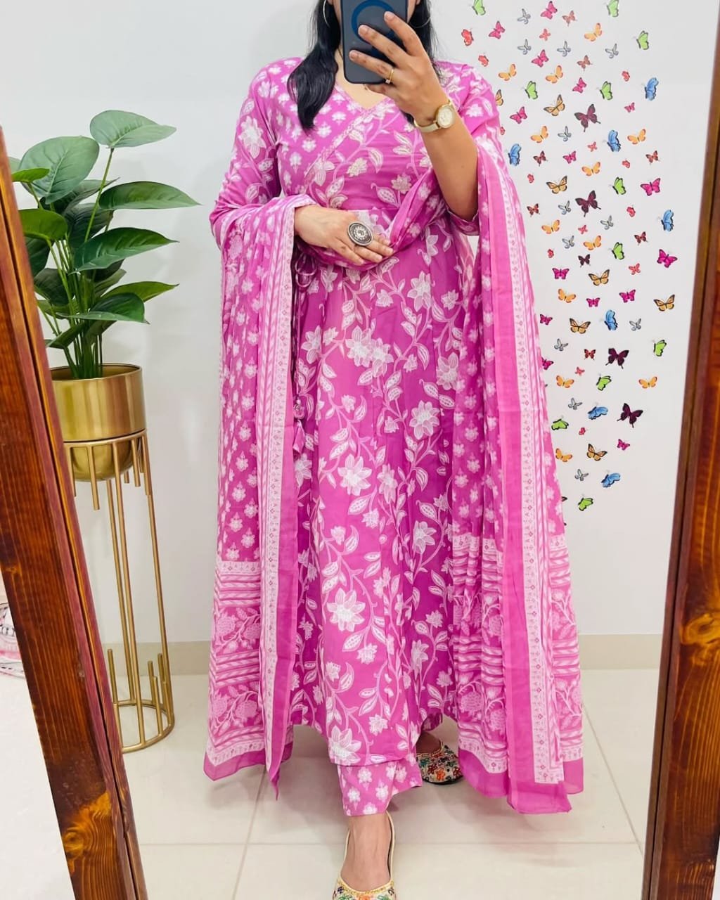 Pink Cotton Anarkali Kurti Pant Dupatta Set